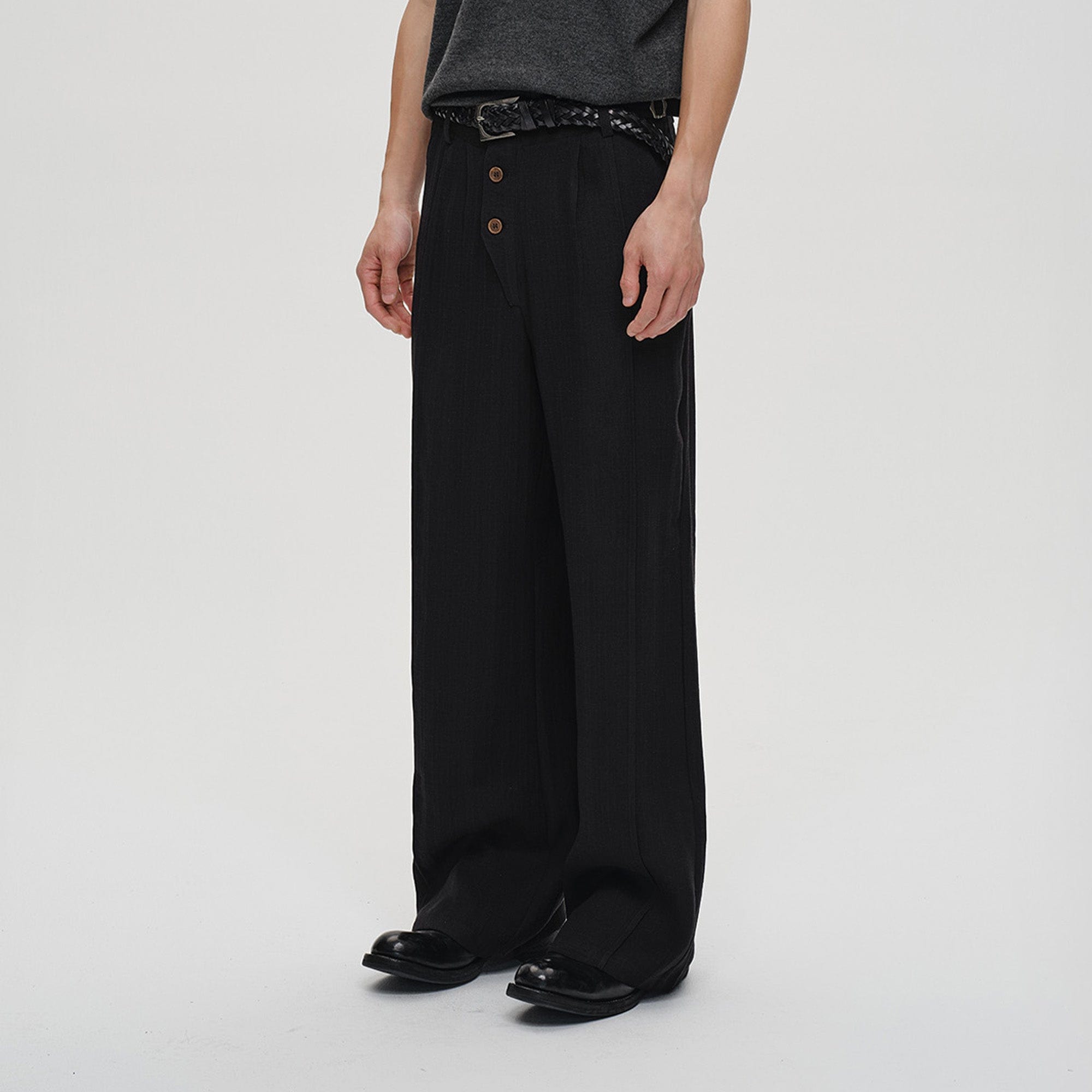 CATSSTAC Linen-Tencel Pleated Straight-Leg Trousers-Pants-Black-M-Free Shipping Leatheretro