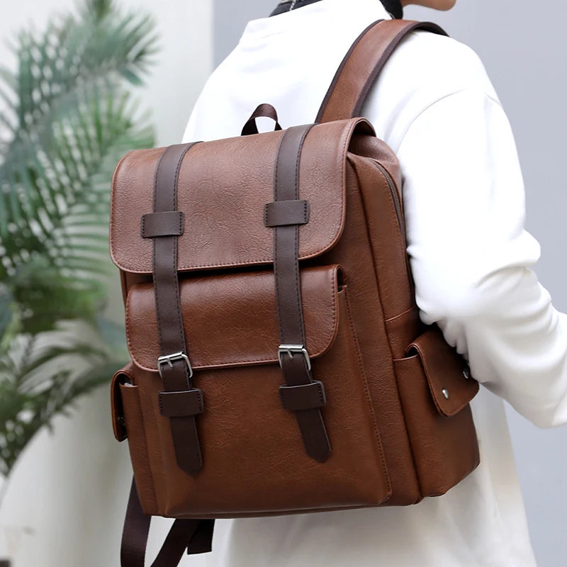 Stylish Men’s PU Leather Laptop Backpack – Large Capacity School & Travel Bag-Backpacks-Black-Free Shipping Leatheretro