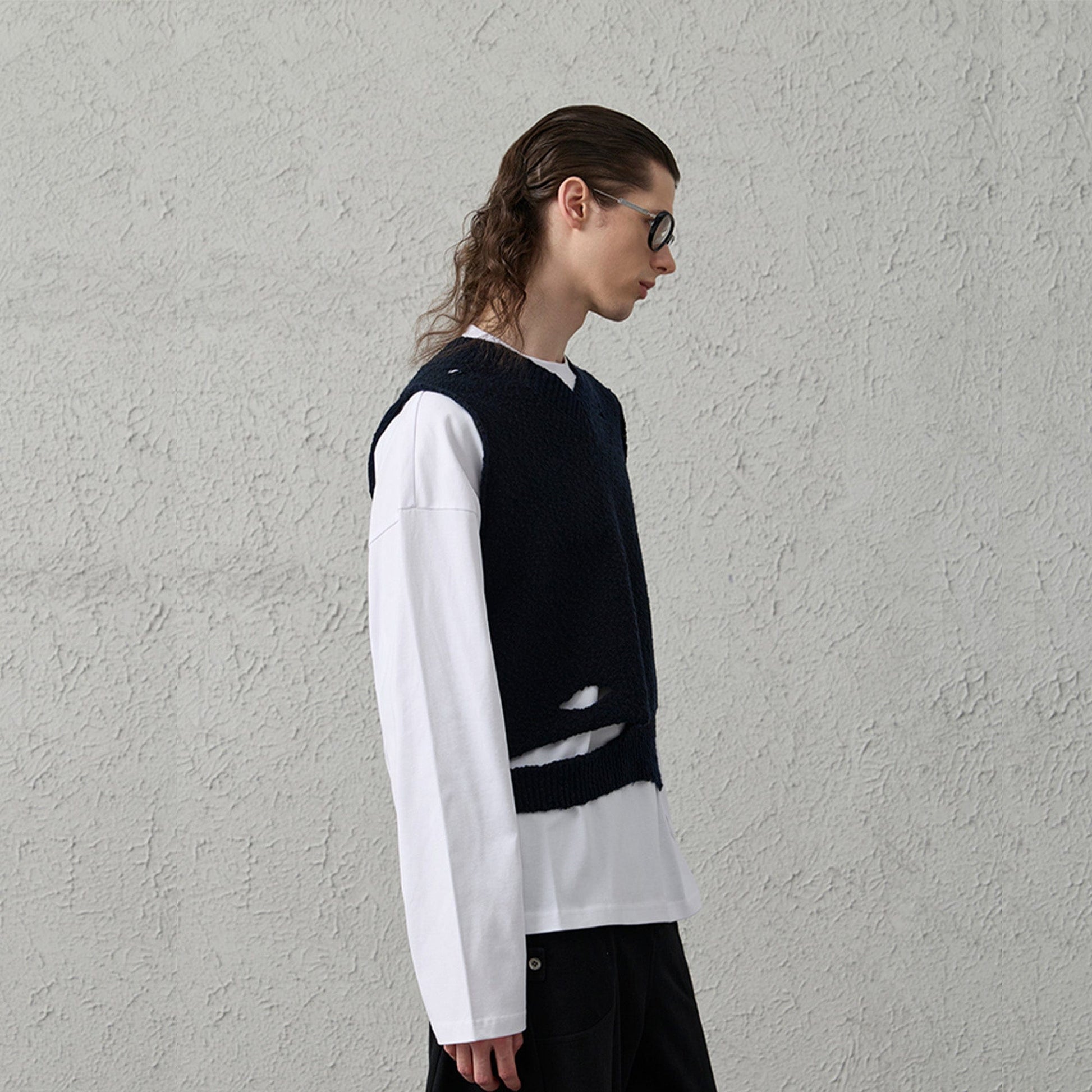 ORGANIC EMOTION Asymmetrical Distressed Bubble-Knit Vest-Vest-S-Free Shipping Leatheretro
