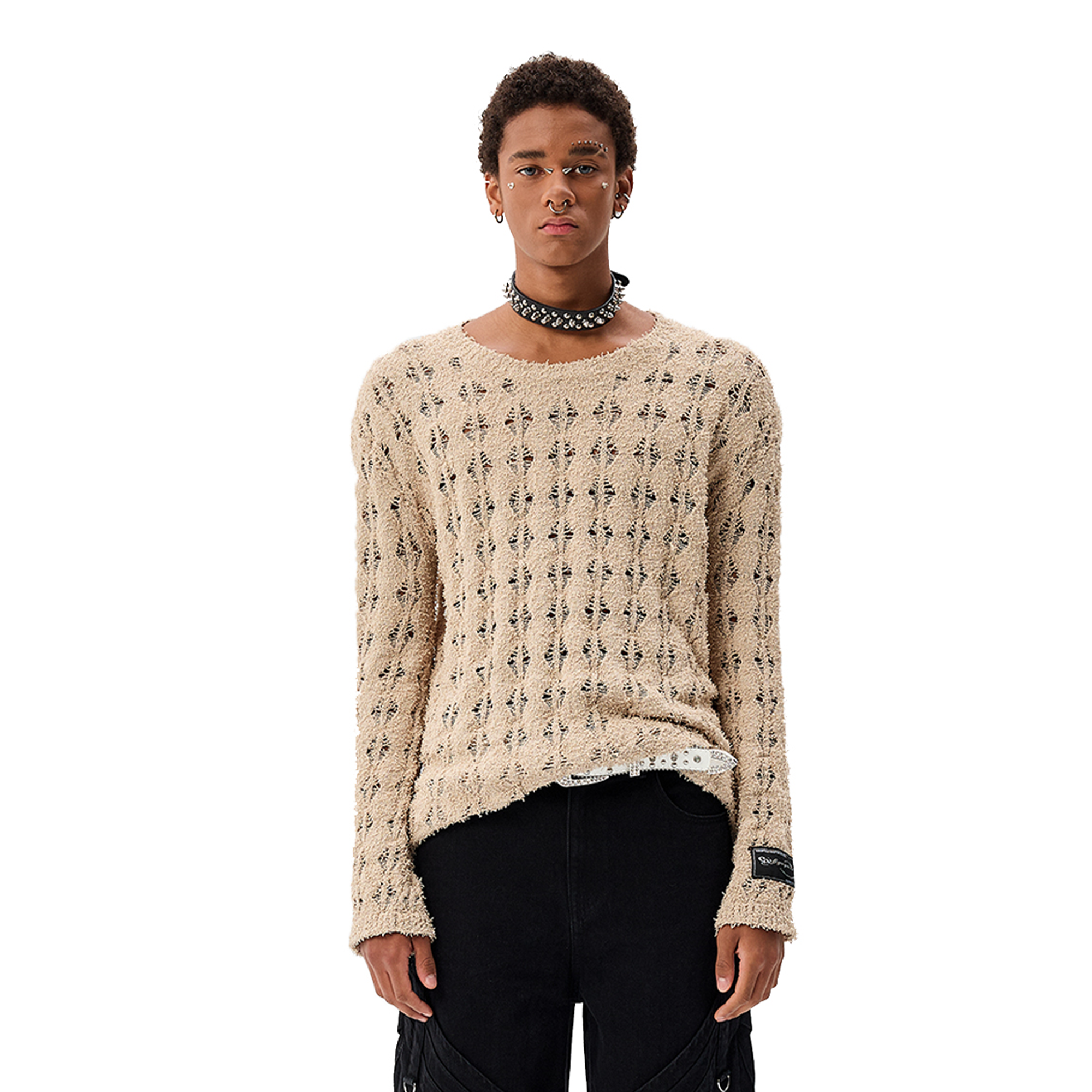 CYCYCY Punk Open-Knit Distressed Sweater-Sweater-S-Khaki (Preorder)-Free Shipping Leatheretro