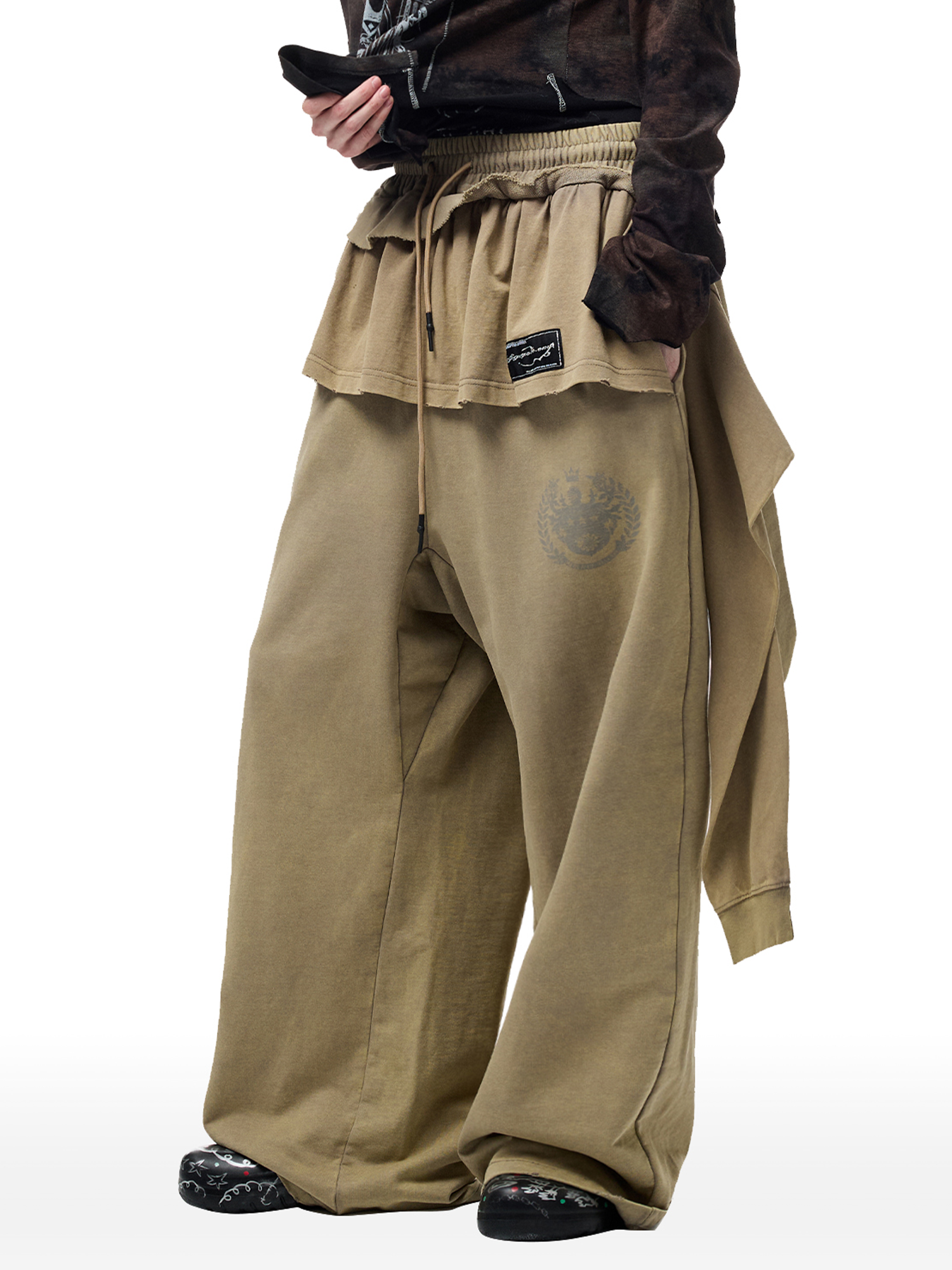 CYCYCY Layered Raw Edge Wide-Leg Sweatpants Khaki-Pants-S / 23"-Free Shipping Leatheretro