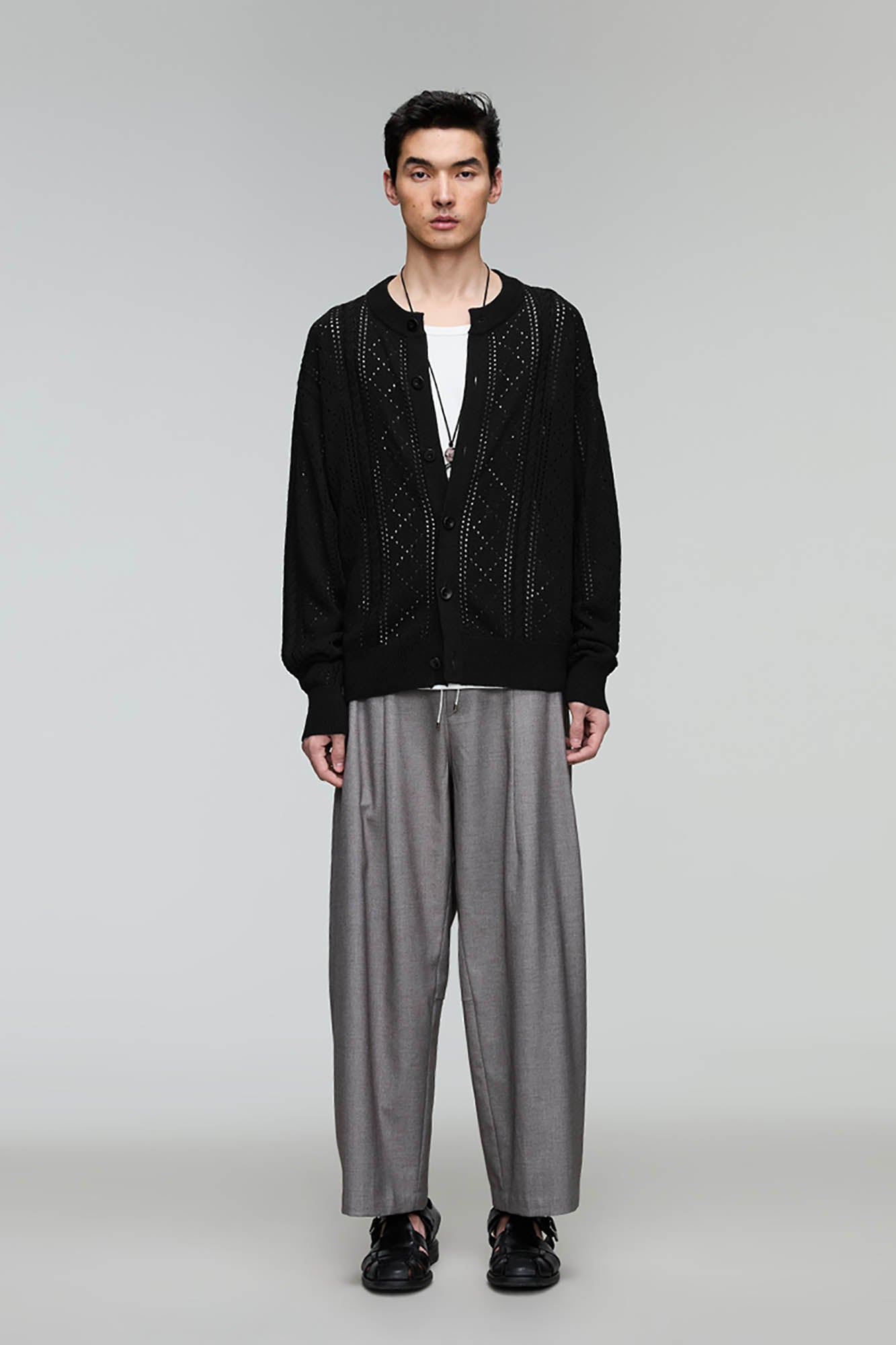 OPICLOTH Eyelet Knit Button-Up Cardigan-Jacket-XS-Grey-Free Shipping Leatheretro