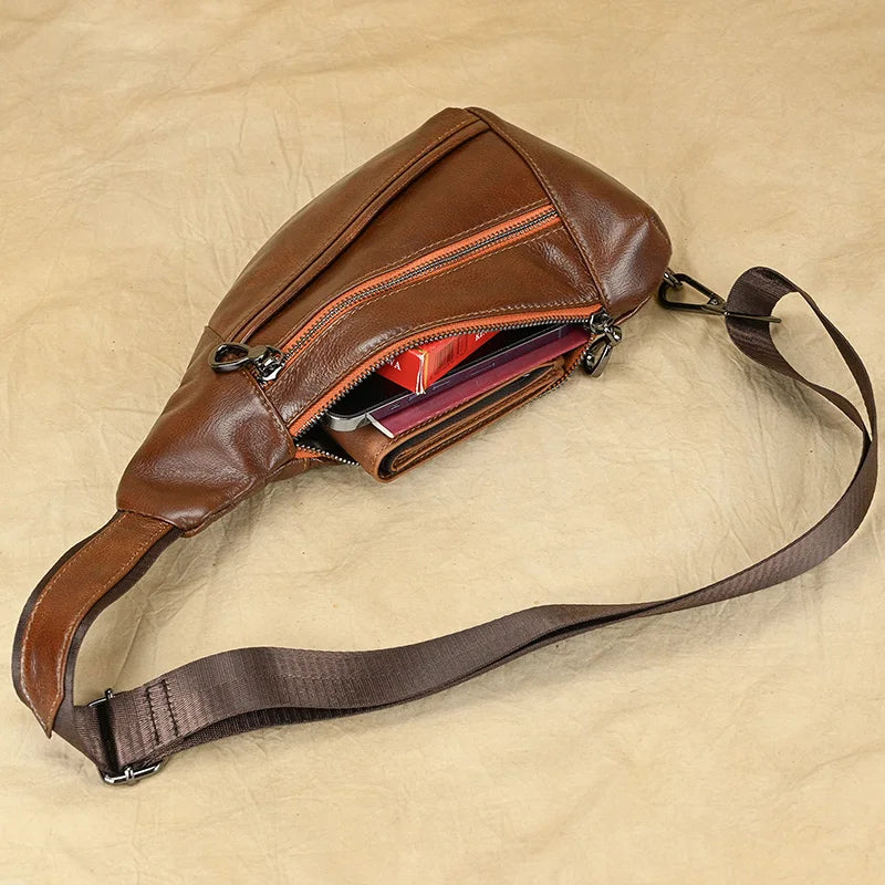 Soft Genuine Leather Men's Chest Pack-Chest Bags-Brown-Free Shipping Leatheretro