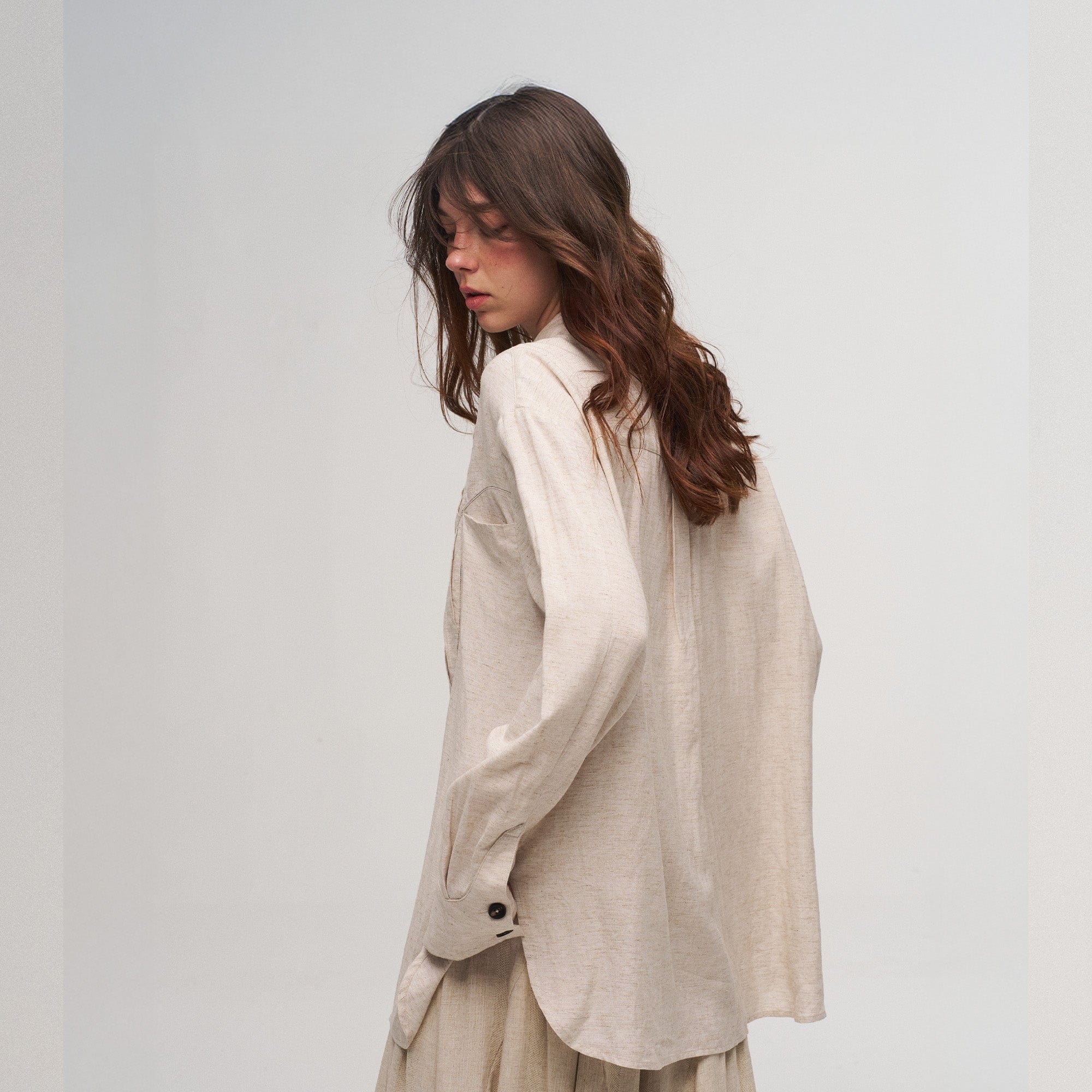 ILNya Nieternite Nifutur Shield Panel Pleated Cotton-Linen Shirt-Shirt-S (0) (Preorder)-Free Shipping Leatheretro
