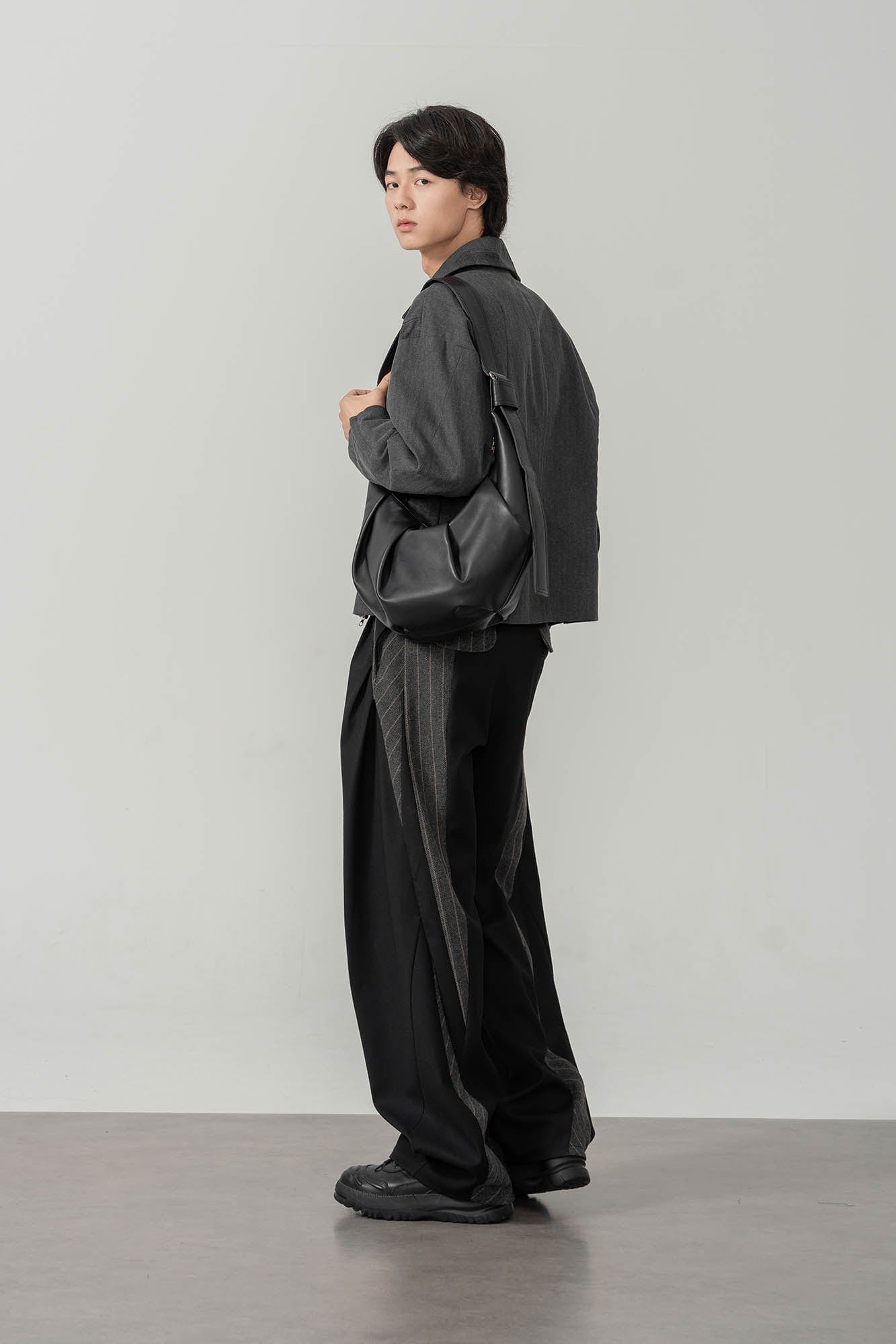 MOITIEDEPETALE Geometric Paneled Pinstripe Pleated Wide-Leg Trousers-Pants-XS-Free Shipping Leatheretro