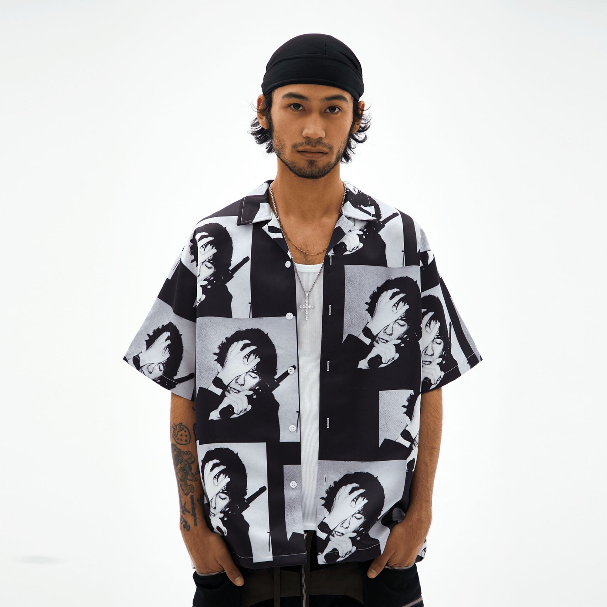 TECNINEGROUP Pop Art Portrait Graphic Cuban Half Shirt-Half shirt-Gray-S-Free Shipping Leatheretro