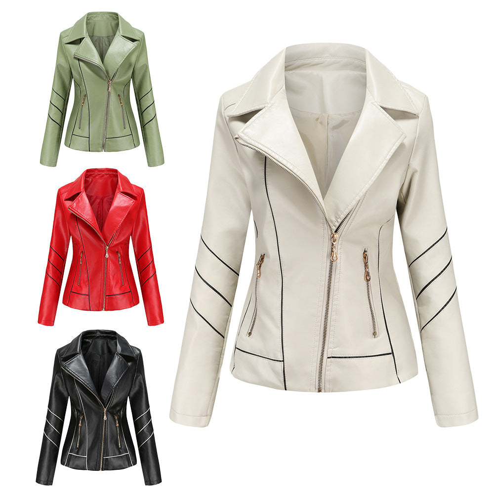 Women's PU Leather Jacket Short Biker Jacket for Spring & Fall-Beige-S-Free Shipping Leatheretro