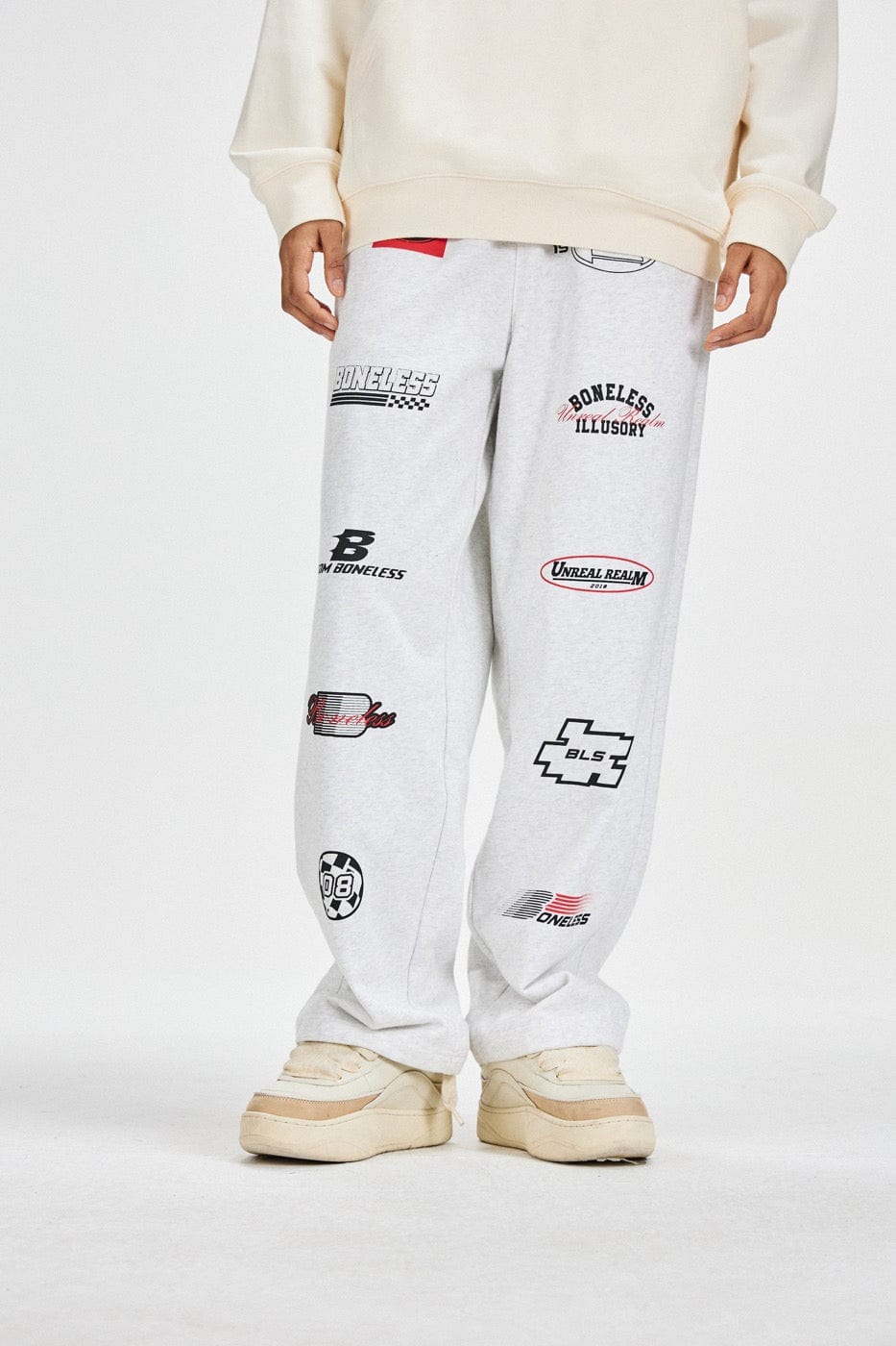 BONELESS Racing Logo Sweatpants-Pants-S-Grey-Free Shipping Leatheretro