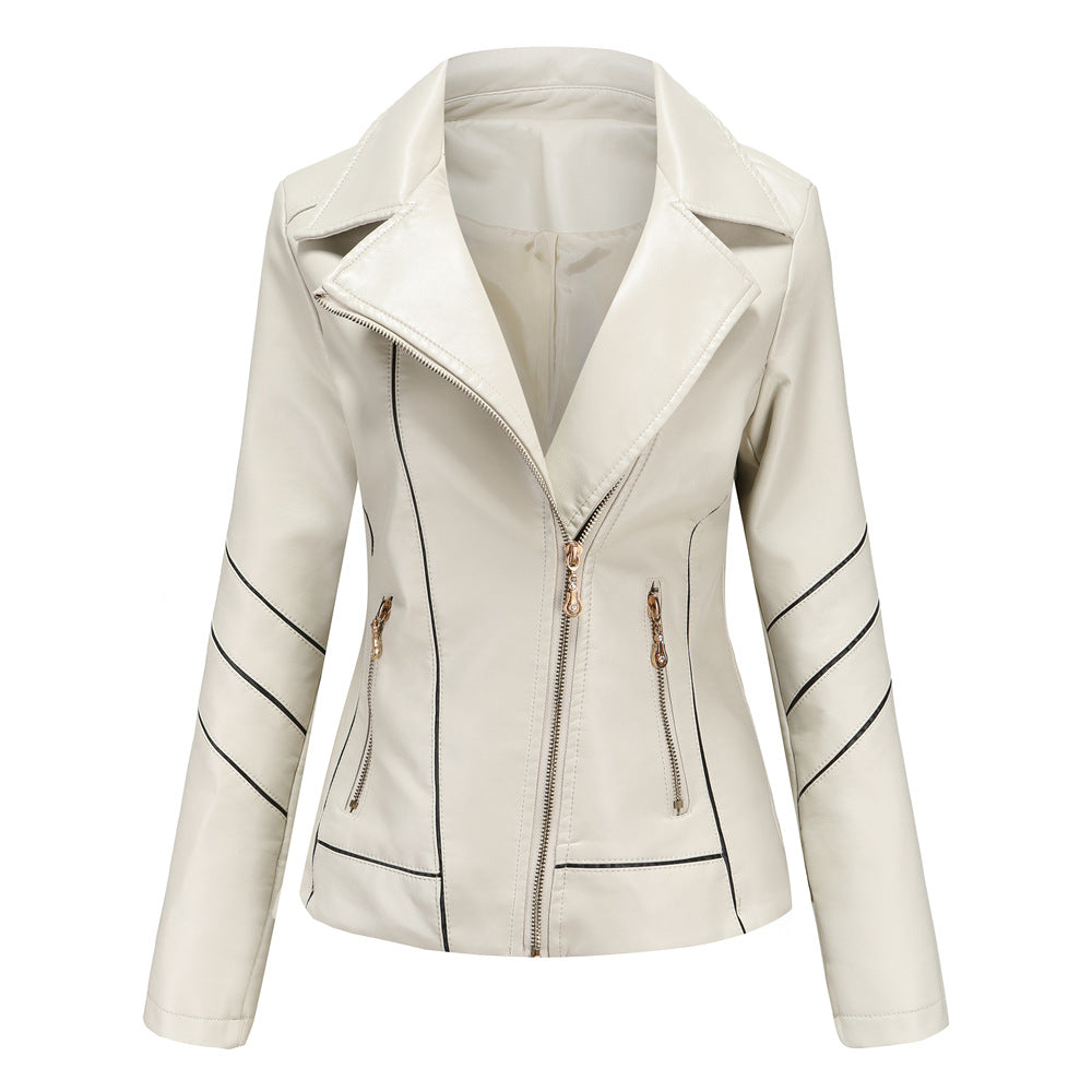 Women's PU Leather Jacket Short Biker Jacket for Spring & Fall-Beige-S-Free Shipping Leatheretro