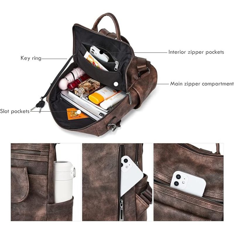Retro Leather Women's Backpack Urban Style, Large Capacity, Hot-Selling-Backpacks-Brown-Free Shipping Leatheretro