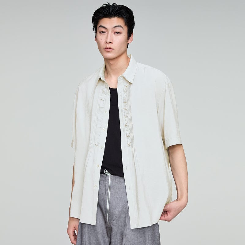 OPICLOTH Retro Pintuck Ruffle Modal Blend Half Shirt-Half shirt-Green-XS-Free Shipping Leatheretro