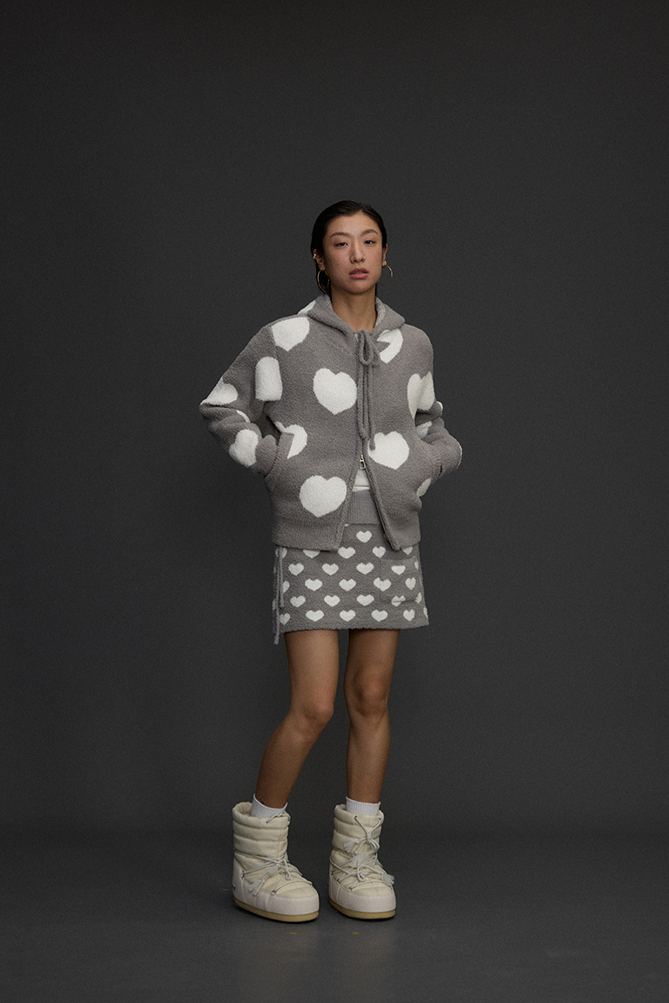 NIANJIUYIKOUER Fuzzy Heart Jacquard Zip-Up Hooded Cardigan-Jacket-XS-Free Shipping Leatheretro