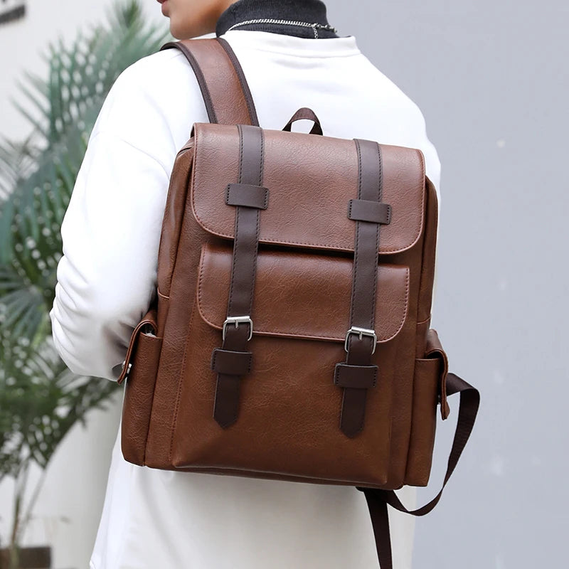 Stylish Men’s PU Leather Laptop Backpack – Large Capacity School & Travel Bag-Backpacks-Black-Free Shipping Leatheretro