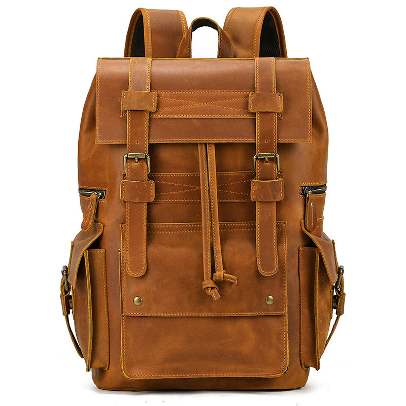 Retro Crazy Horse Leather Backpack – Large Capacity 16-Inch Cowhide Laptop & Travel Bag with Multi-Flap Pockets-Backpacks-Dark Brown-Free Shipping Leatheretro