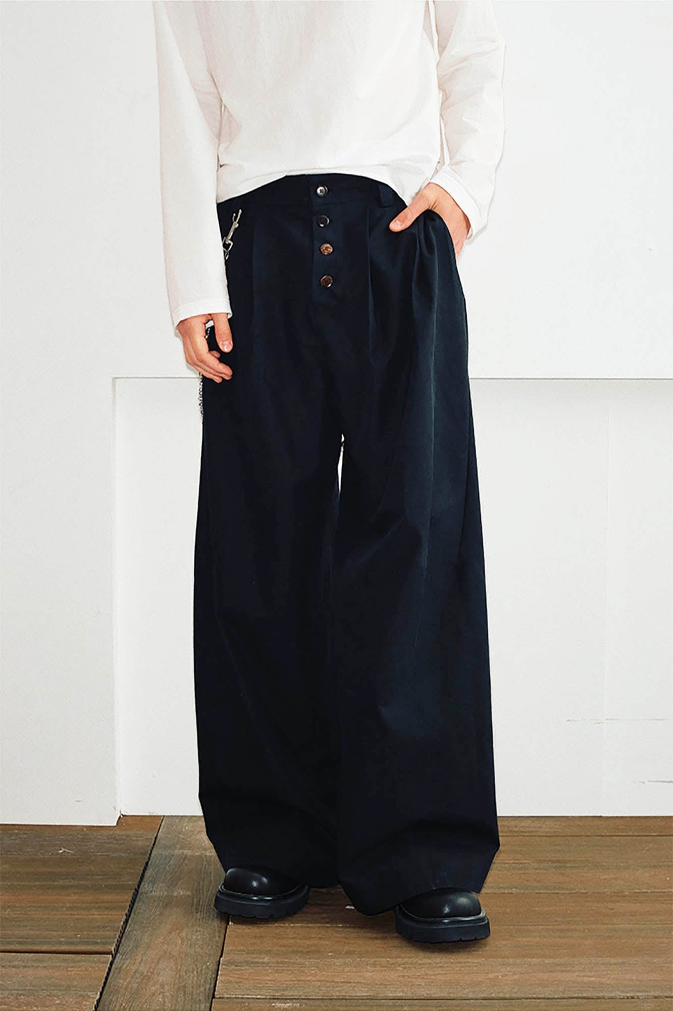 KREATE Crinkled Button-Fly Wide-Leg Pants-Pants-S - 30"-Black-Free Shipping Leatheretro