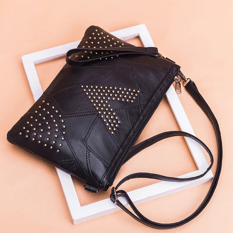 Women’s Black Rivet Shoulder Bag – Small Crossbody Messenger Handbag-Handbags-Black-Free Shipping Leatheretro