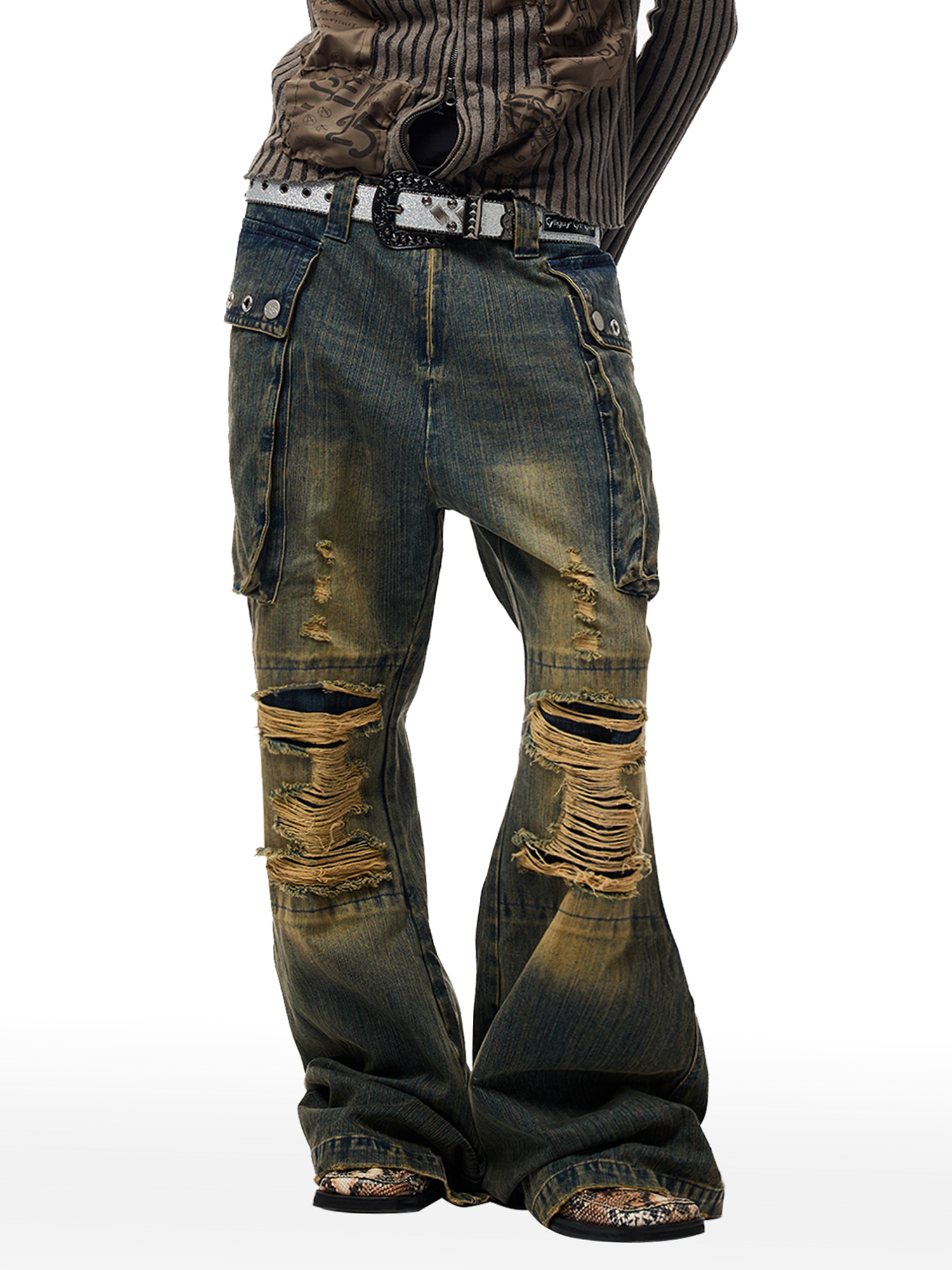 CYCYCY Distressed Big-Pocket Flared Jeans-Jeans-XXS / 27"-Free Shipping Leatheretro