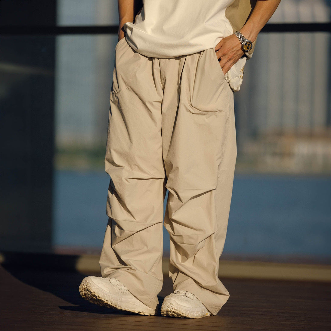 BANANA CLUB Quick-Dry Drawstring Crinkled Parachute Pants-Pants-S-White-Free Shipping Leatheretro