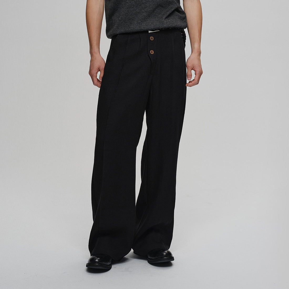 CATSSTAC Linen-Tencel Pleated Straight-Leg Trousers-Pants-Black-M-Free Shipping Leatheretro