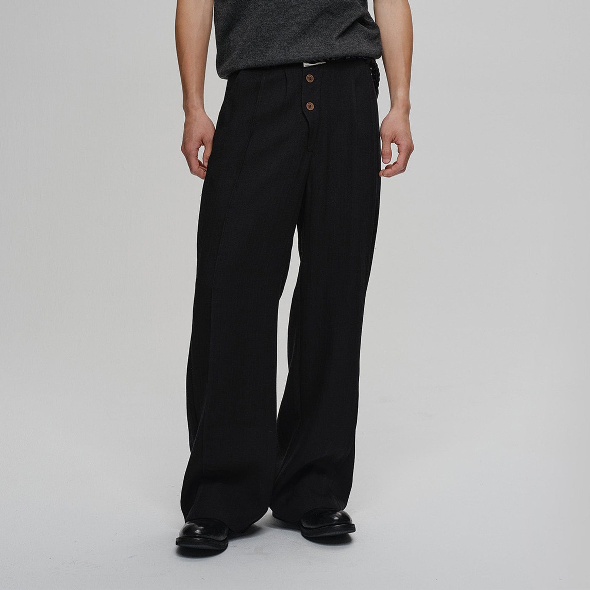 CATSSTAC Linen-Tencel Pleated Straight-Leg Trousers-Pants-Black-M-Free Shipping Leatheretro