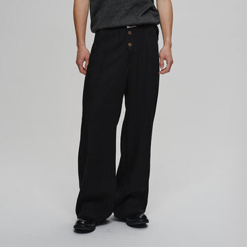 CATSSTAC Linen-Tencel Pleated Straight-Leg Trousers-Pants-Black-M-Free Shipping Leatheretro