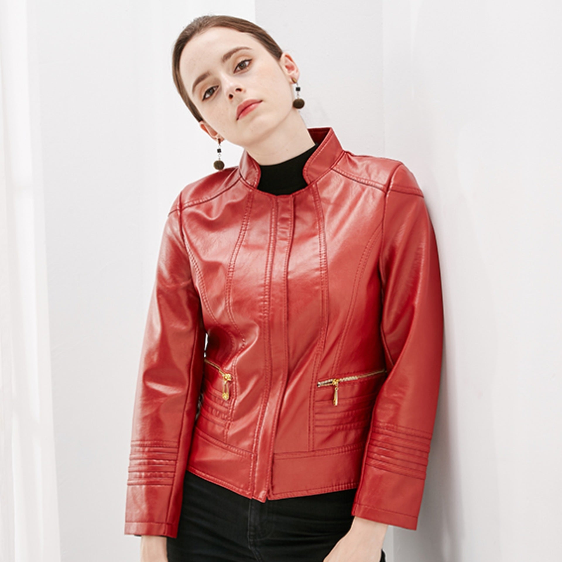 Women's Spring Casual Short-Length Plus Size PU Leather Jacket-Red-3XL 55-60kg-Free Shipping Leatheretro