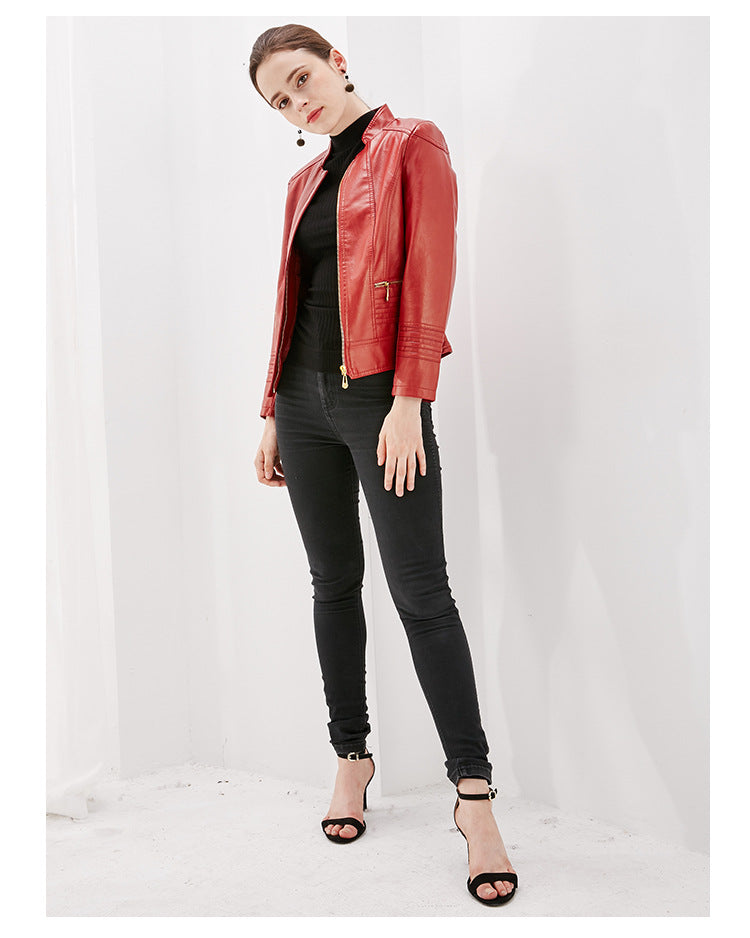 Women's Spring Casual Short-Length Plus Size PU Leather Jacket-Red-3XL 55-60kg-Free Shipping Leatheretro