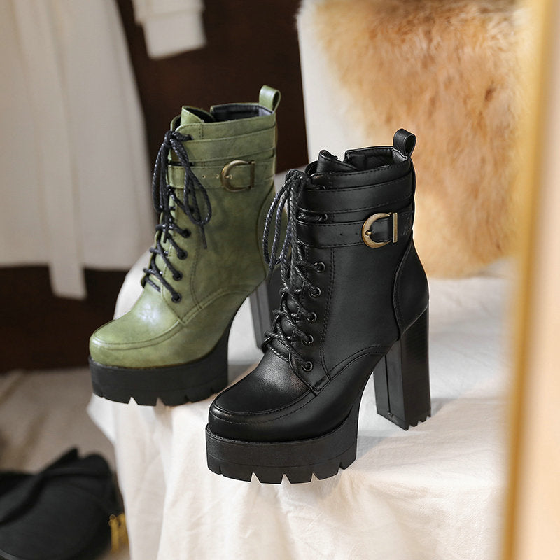 Fashion Chunky Heels Martens Short Boots-boots-Green-34-Free Shipping Leatheretro