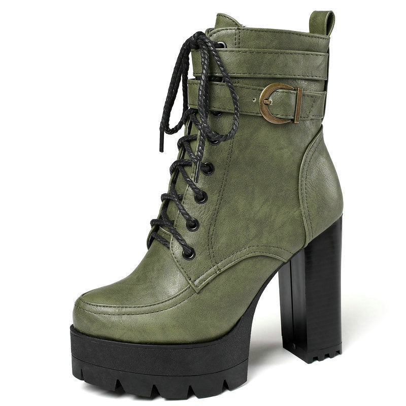 Fashion Chunky Heels Martens Short Boots-boots-Green-34-Free Shipping Leatheretro