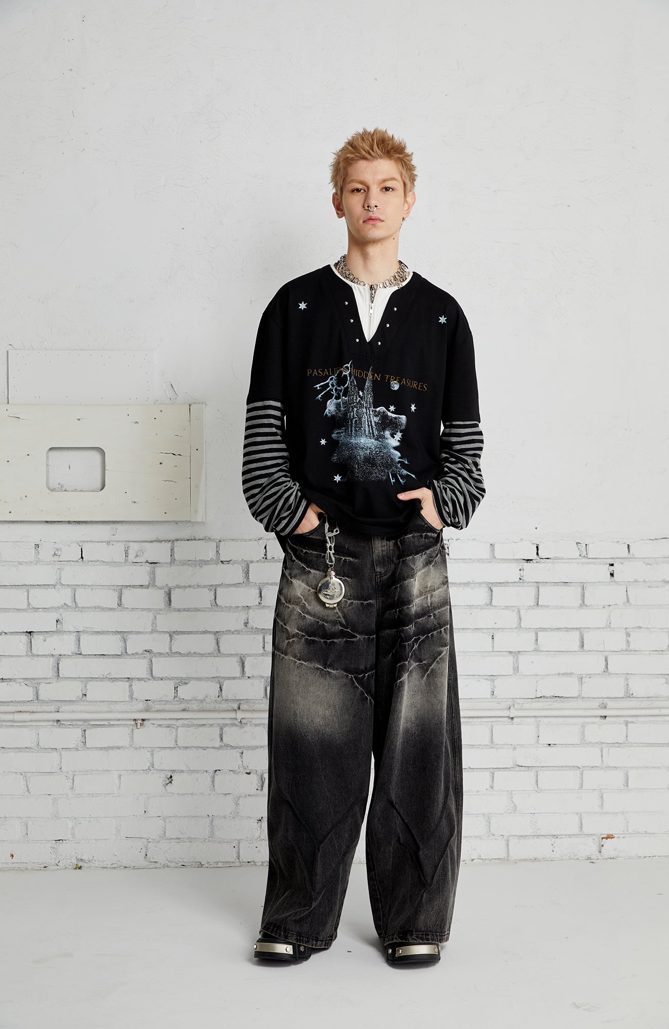 PASET Layered Stripe Graphic Long-Sleeve Tee-L/S Tee-XS-Black-Free Shipping Leatheretro