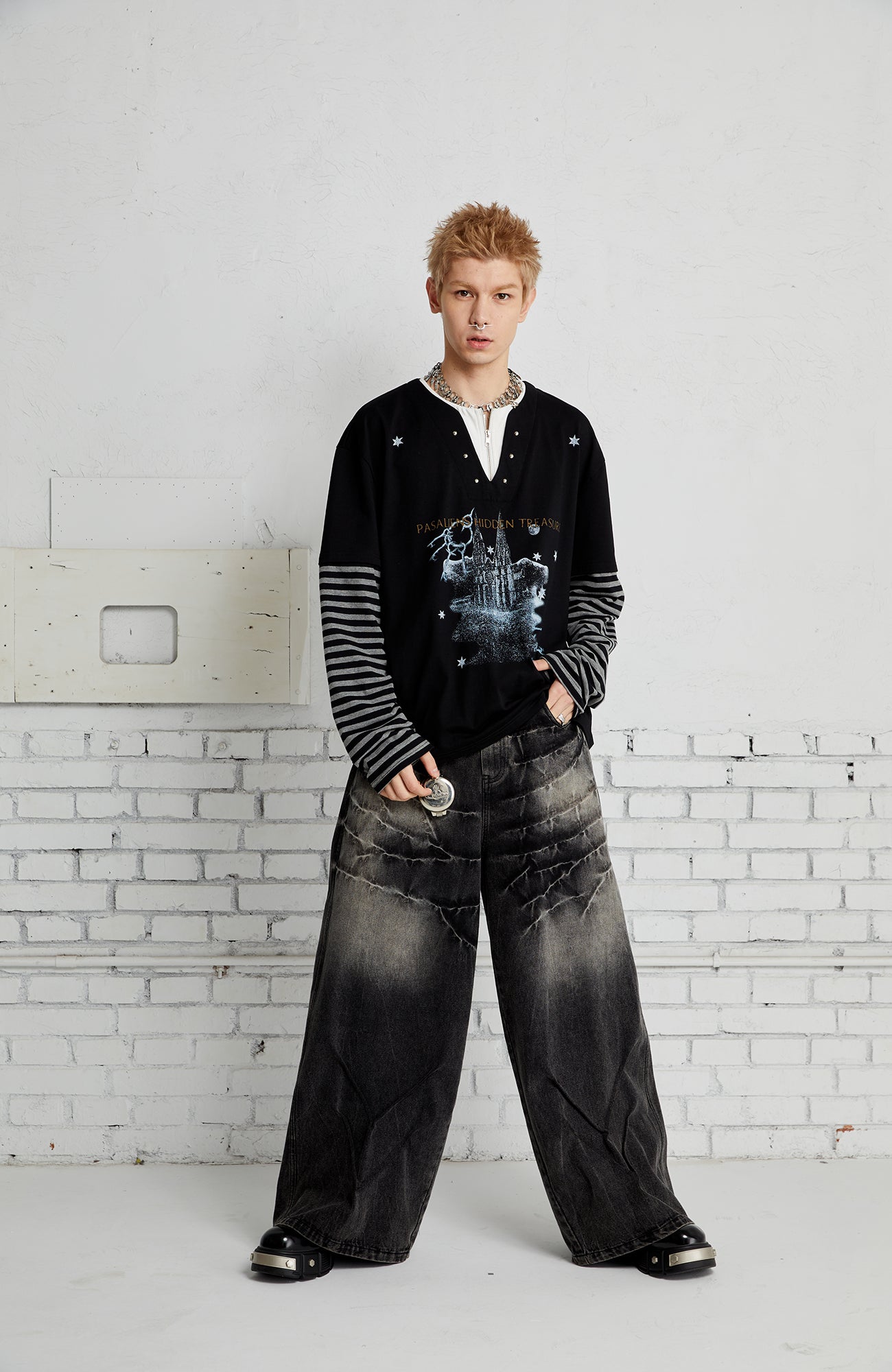 PASET Layered Stripe Graphic Long-Sleeve Tee-L/S Tee-XS-Black-Free Shipping Leatheretro