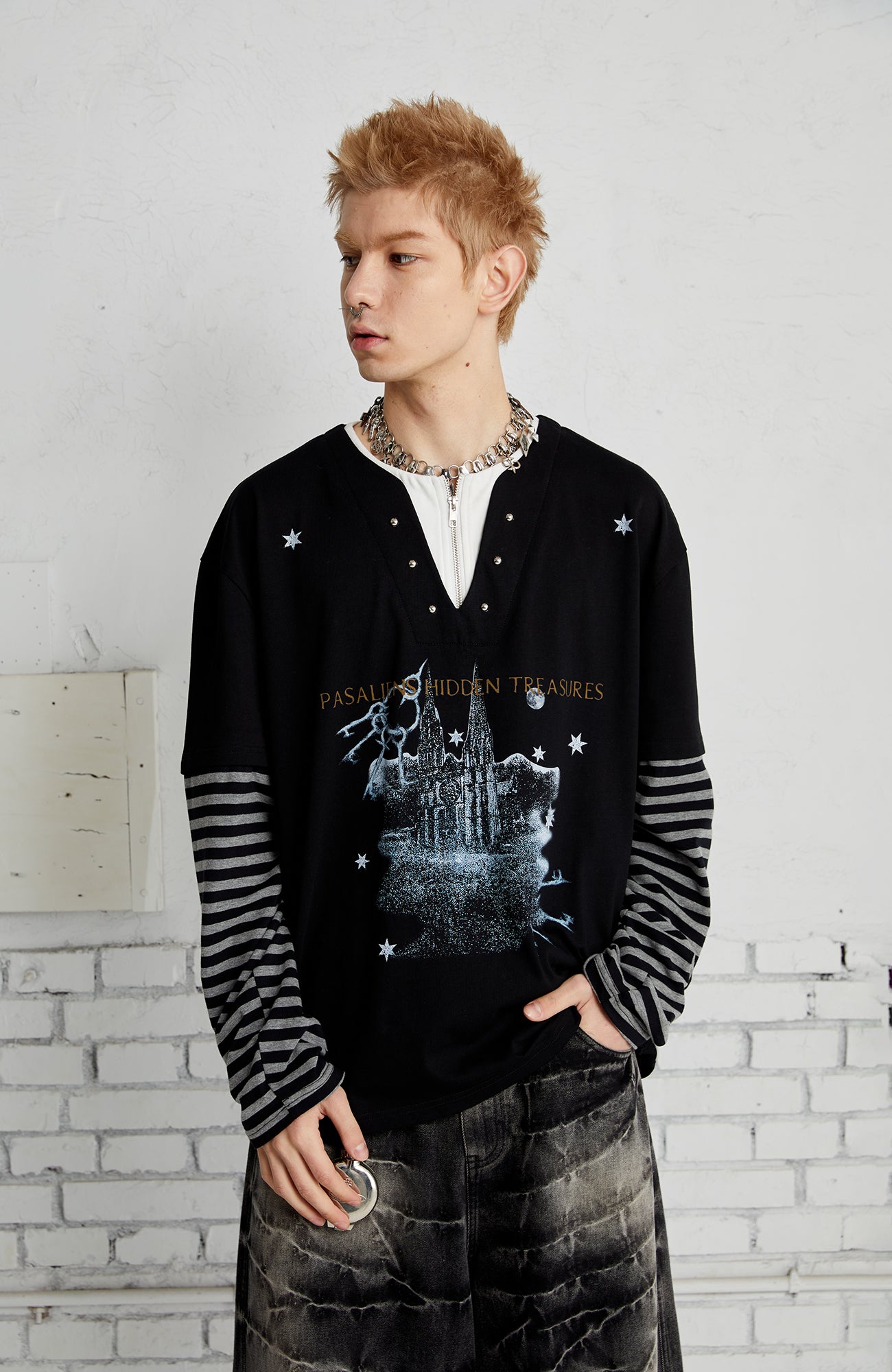 PASET Layered Stripe Graphic Long-Sleeve Tee-L/S Tee-XS-Black-Free Shipping Leatheretro