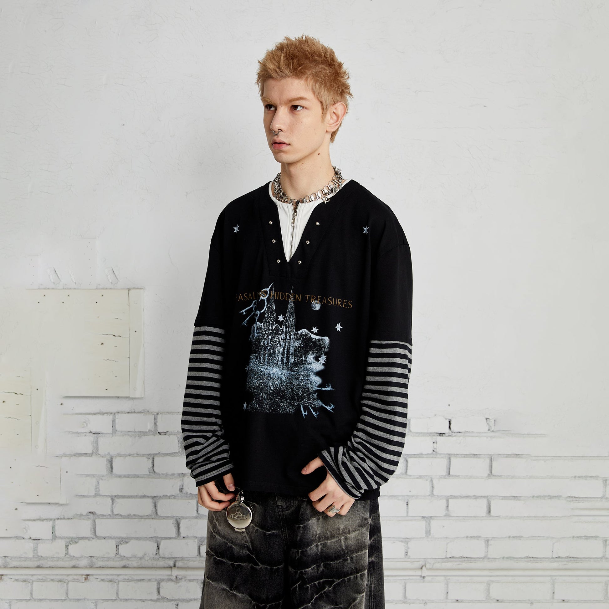 PASET Layered Stripe Graphic Long-Sleeve Tee-L/S Tee-XS-Black-Free Shipping Leatheretro