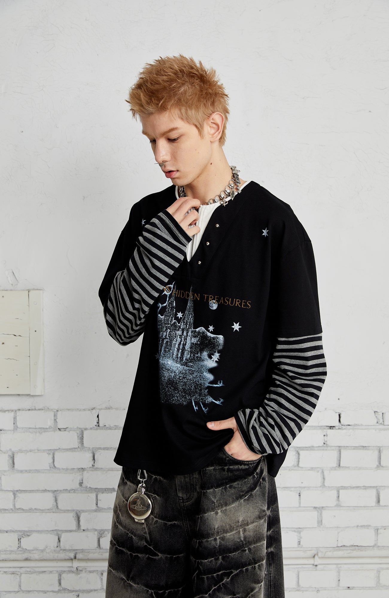 PASET Layered Stripe Graphic Long-Sleeve Tee-L/S Tee-XS-Black-Free Shipping Leatheretro