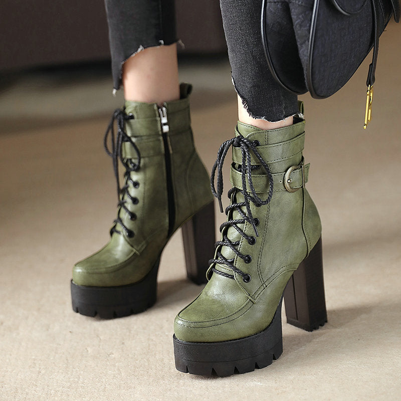 Fashion Chunky Heels Martens Short Boots-boots-Green-34-Free Shipping Leatheretro