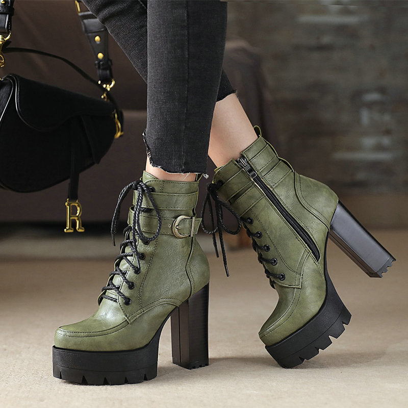 Fashion Chunky Heels Martens Short Boots-boots-Green-34-Free Shipping Leatheretro