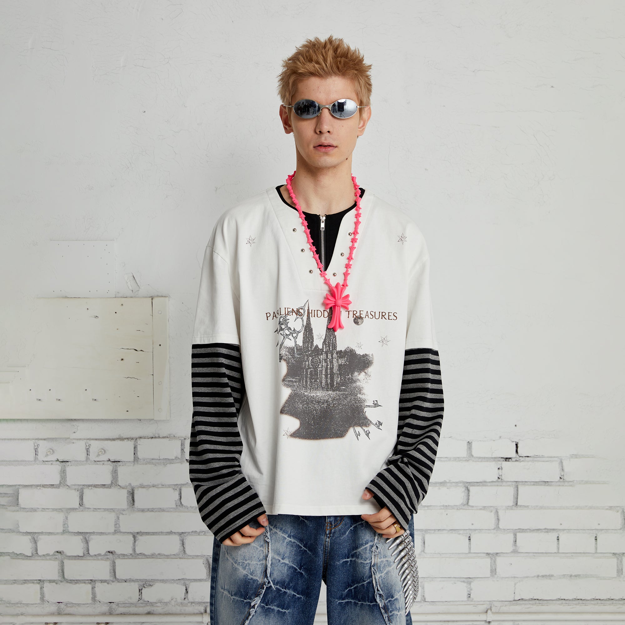 PASET Layered Stripe Graphic Long-Sleeve Tee-L/S Tee-XS-White-Free Shipping Leatheretro