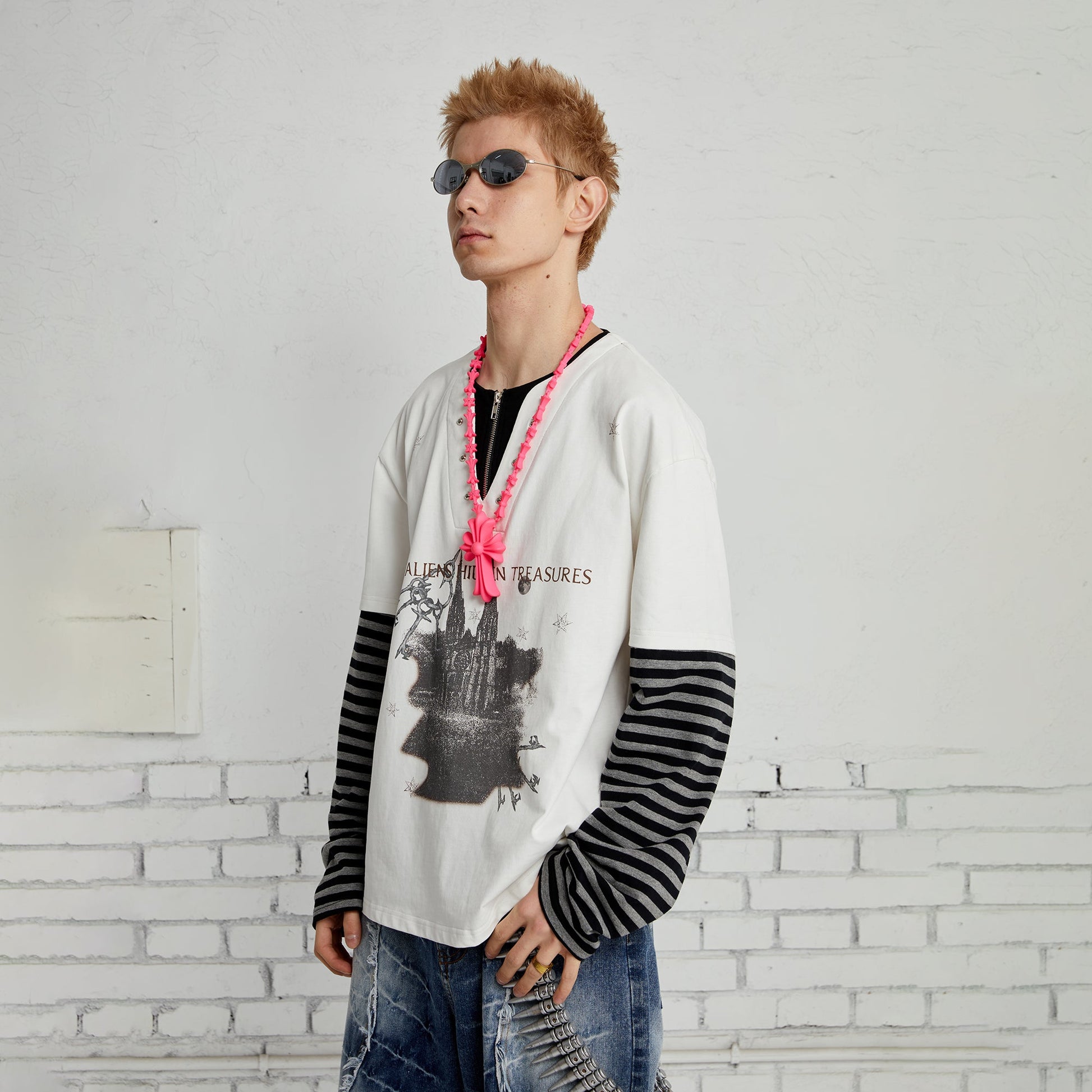 PASET Layered Stripe Graphic Long-Sleeve Tee-L/S Tee-XS-Black-Free Shipping Leatheretro