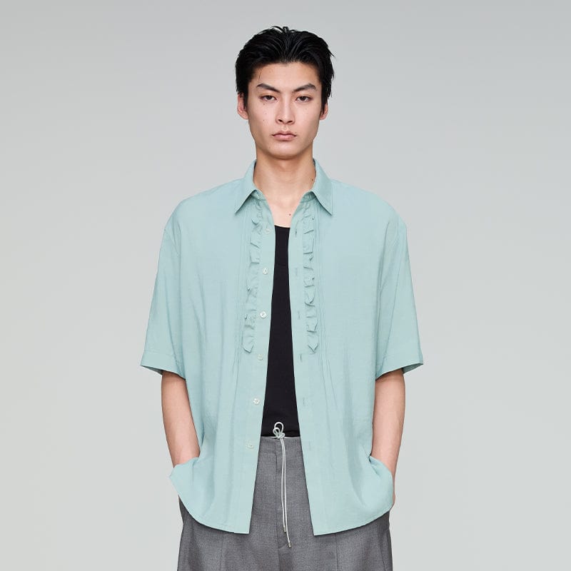 OPICLOTH Retro Pintuck Ruffle Modal Blend Half Shirt-Half shirt-Green-XS-Free Shipping Leatheretro