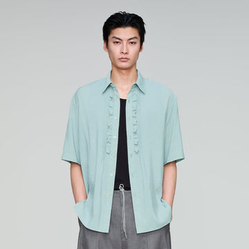 OPICLOTH Retro Pintuck Ruffle Modal Blend Half Shirt-Half shirt-Green-XS-Free Shipping Leatheretro