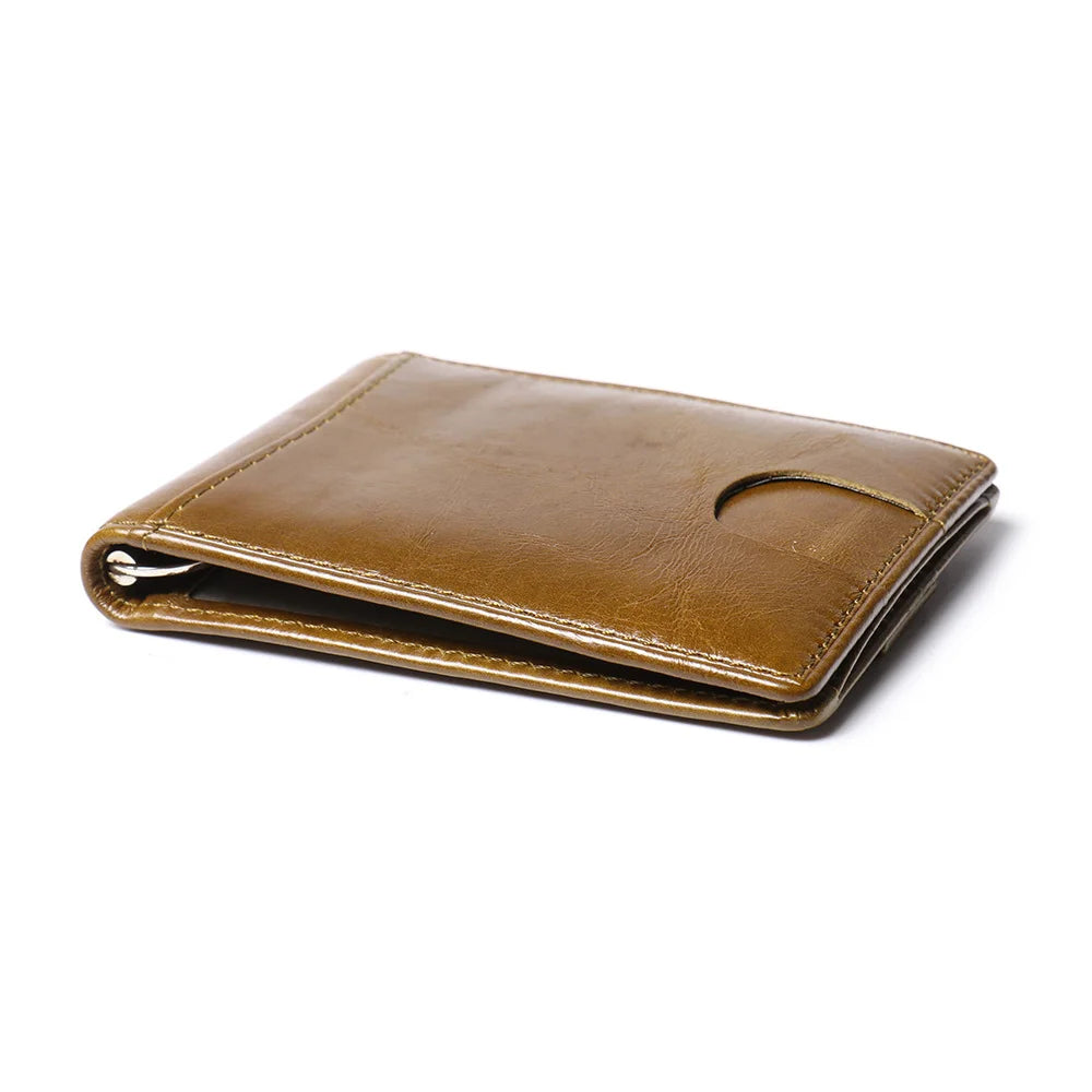 Men’s Slim Leather Card Holder Wallet – Genuine Cowhide with Dollar Clip-Wallets & Money Clips-Olive Green-Free Shipping Leatheretro