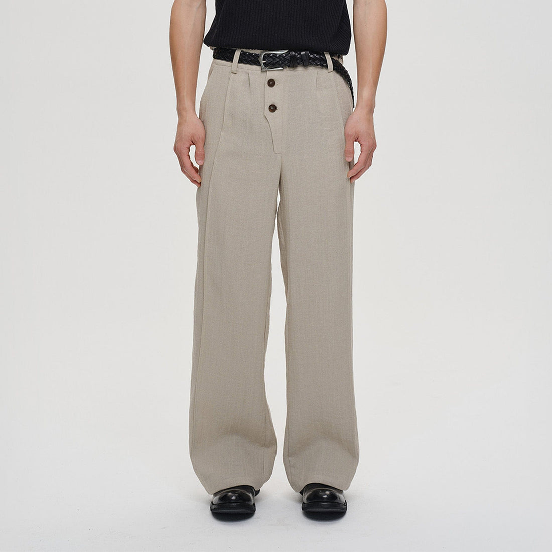 CATSSTAC Linen-Tencel Pleated Straight-Leg Trousers-Pants-Black-M-Free Shipping Leatheretro