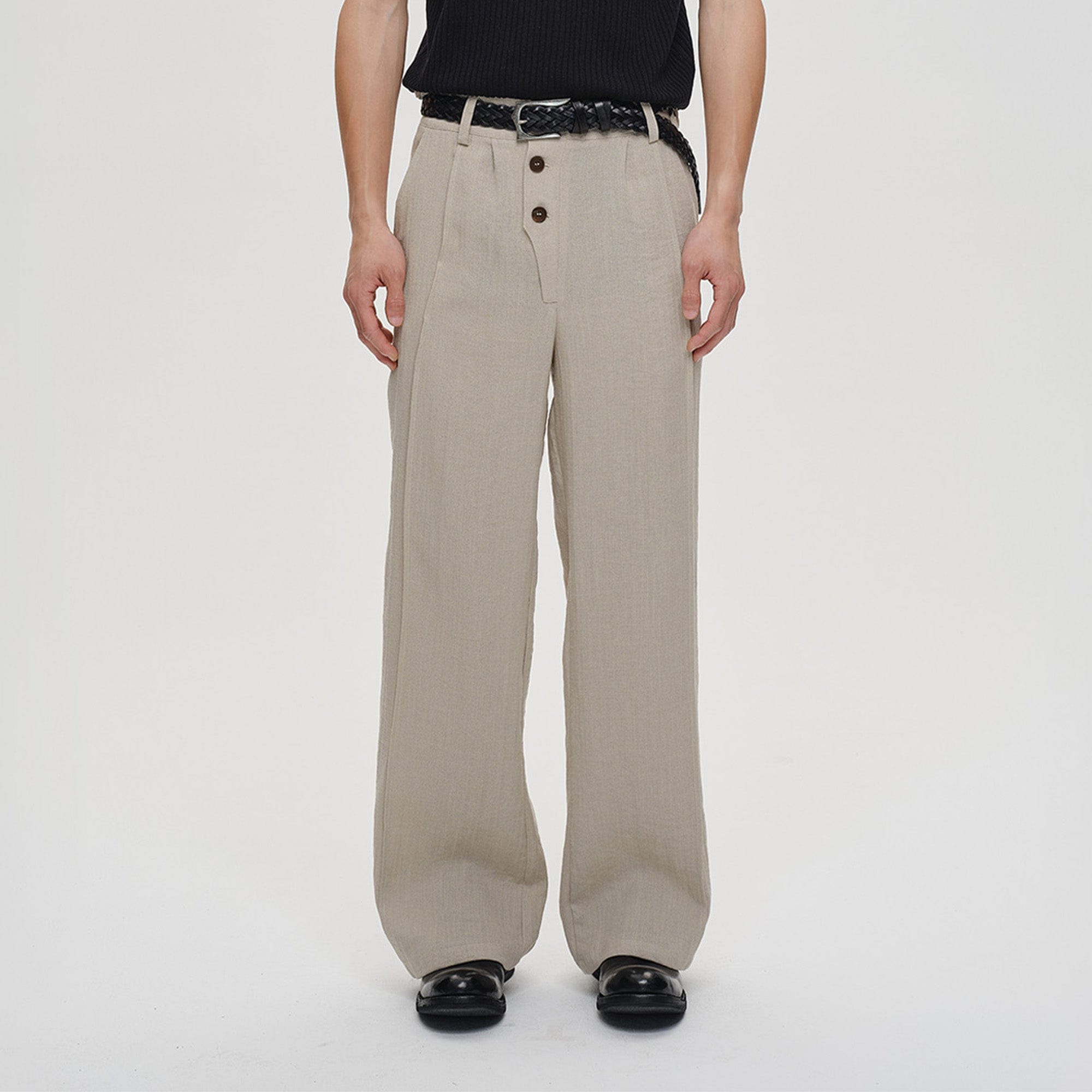 CATSSTAC Linen-Tencel Pleated Straight-Leg Trousers-Pants-Khaki-M-Free Shipping Leatheretro