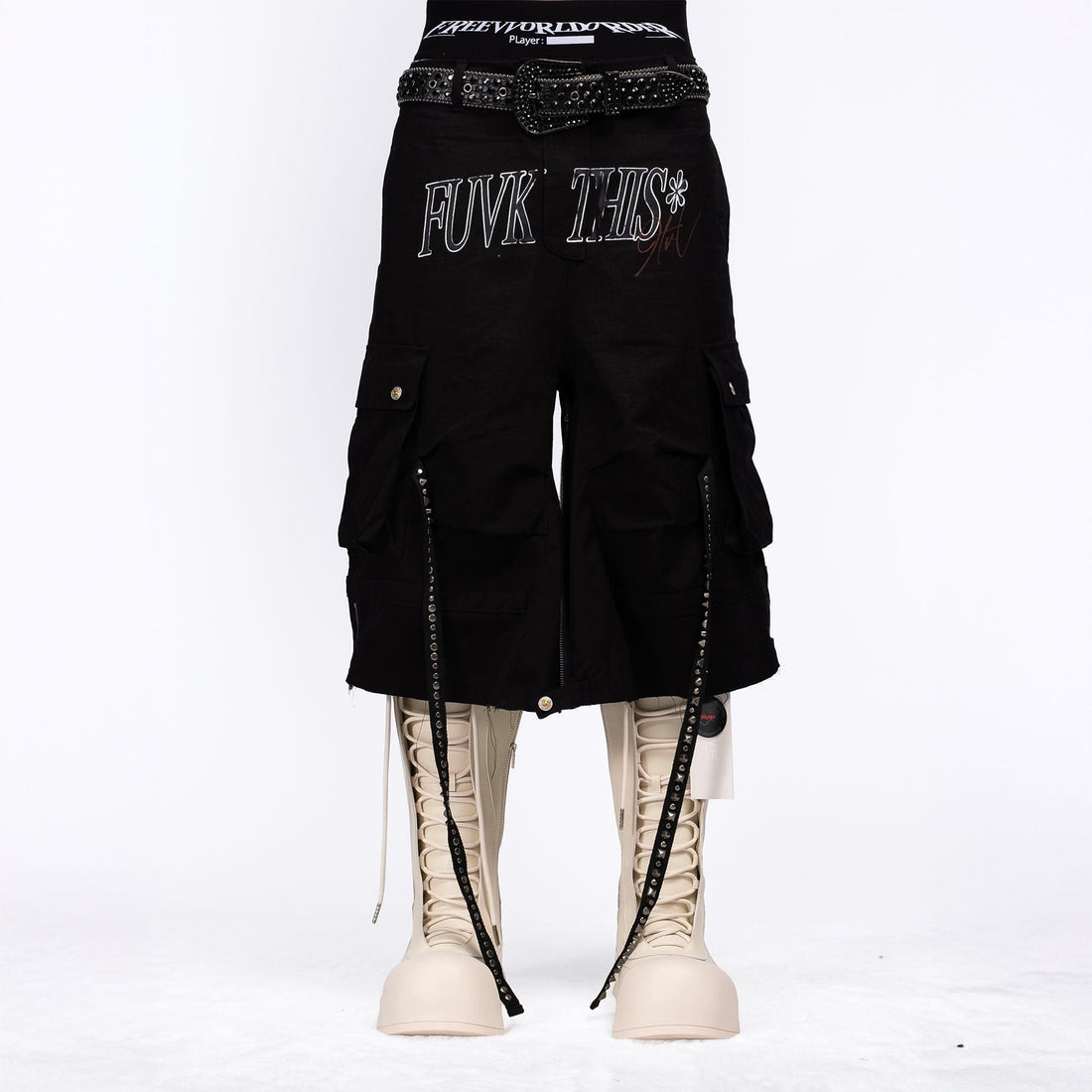 FVVO Distressed Rivet Strap Cargo Shorts Black-Shorts-S-Free Shipping Leatheretro