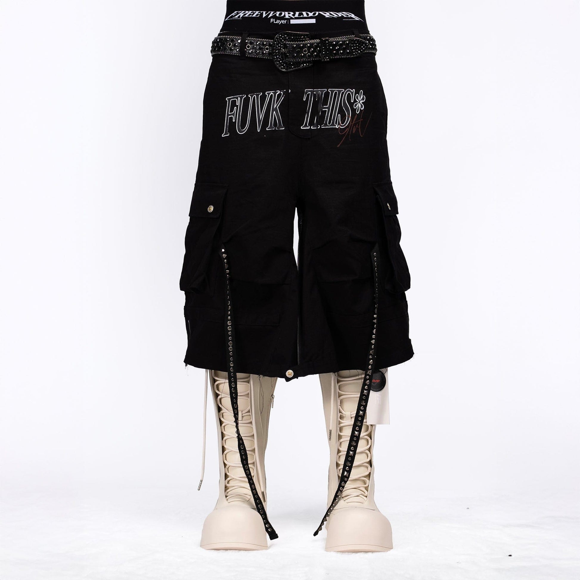 FVVO Distressed Rivet Strap Cargo Shorts Black-Shorts-S-Free Shipping Leatheretro