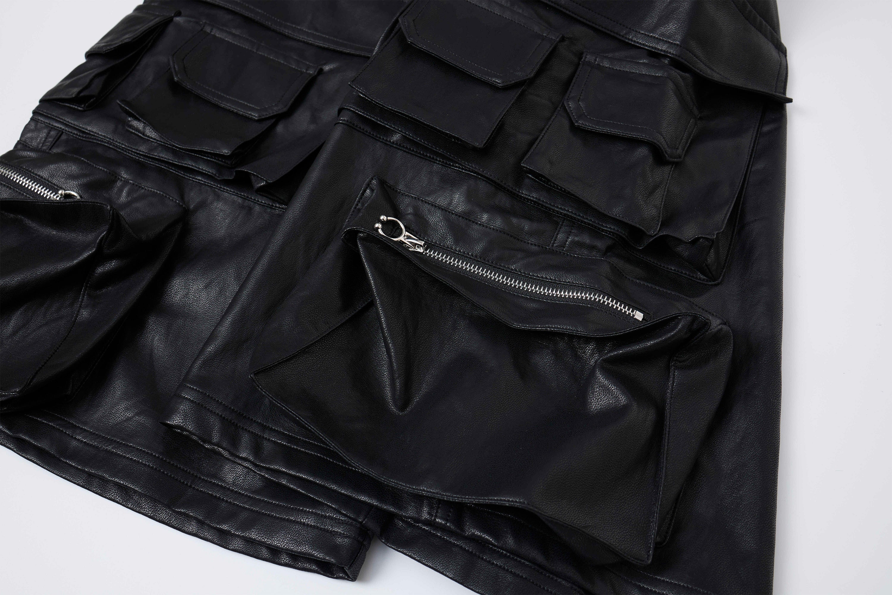 CLP Punk Faux Leather Multi-Pocket Cargo Shorts-Shorts-M-Black-Free Shipping Leatheretro