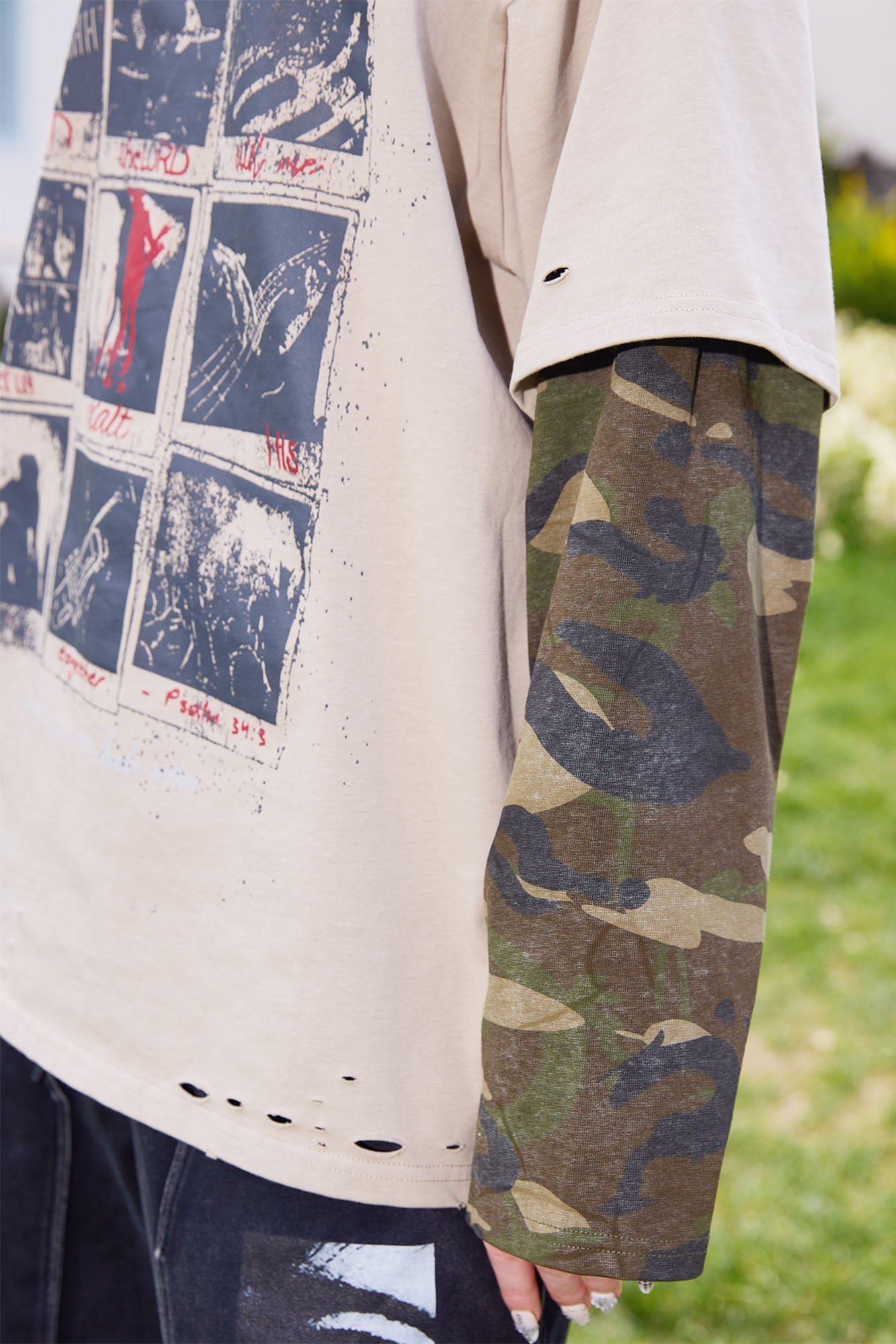 ERROR CODE ROBOT Camo Layered Distressed Long-Sleeve Tee-L/S Tee-S (Preorder)-Free Shipping Leatheretro