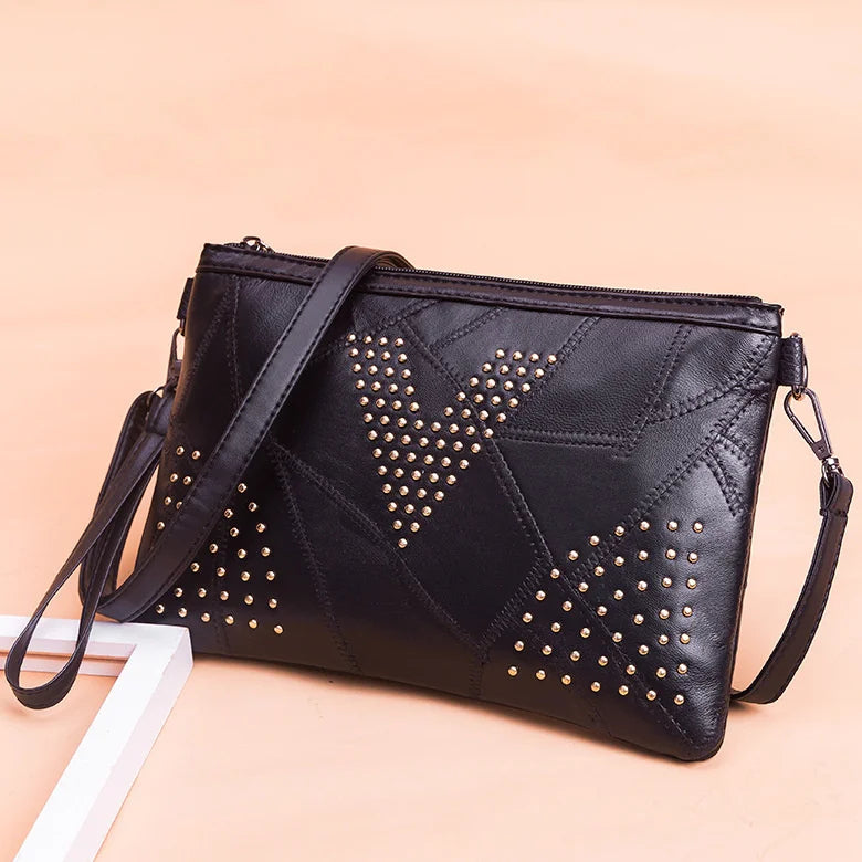 Women’s Black Rivet Shoulder Bag – Small Crossbody Messenger Handbag-Handbags-Black-Free Shipping Leatheretro