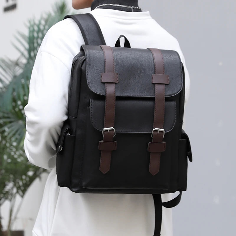 Stylish Men’s PU Leather Laptop Backpack – Large Capacity School & Travel Bag-Backpacks-Black-Free Shipping Leatheretro