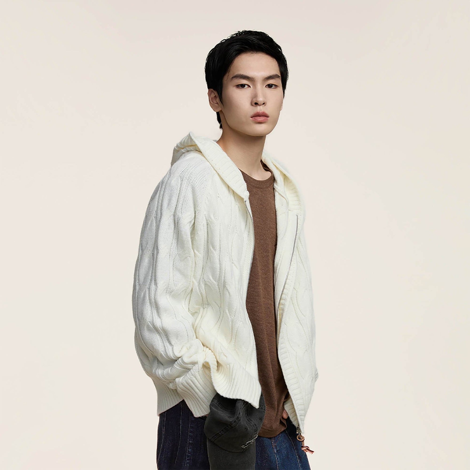 OPICLOTH Cable-Knit Zip-Up Hooded Cardigan-Jacket-XS-Grey-Free Shipping Leatheretro